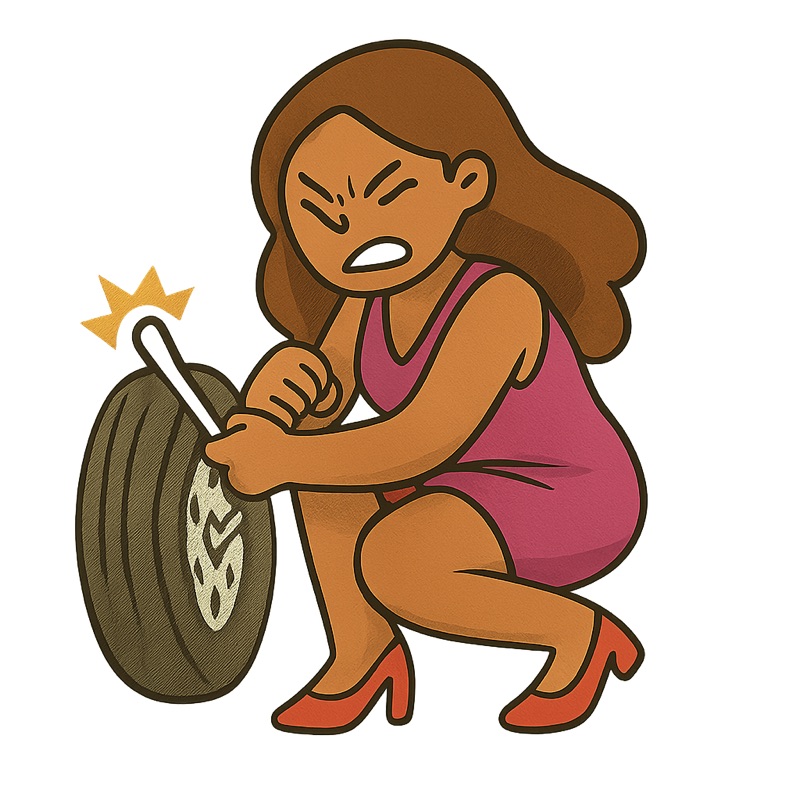 Crash Out Diary — illustration of a frustrated woman changing a tire