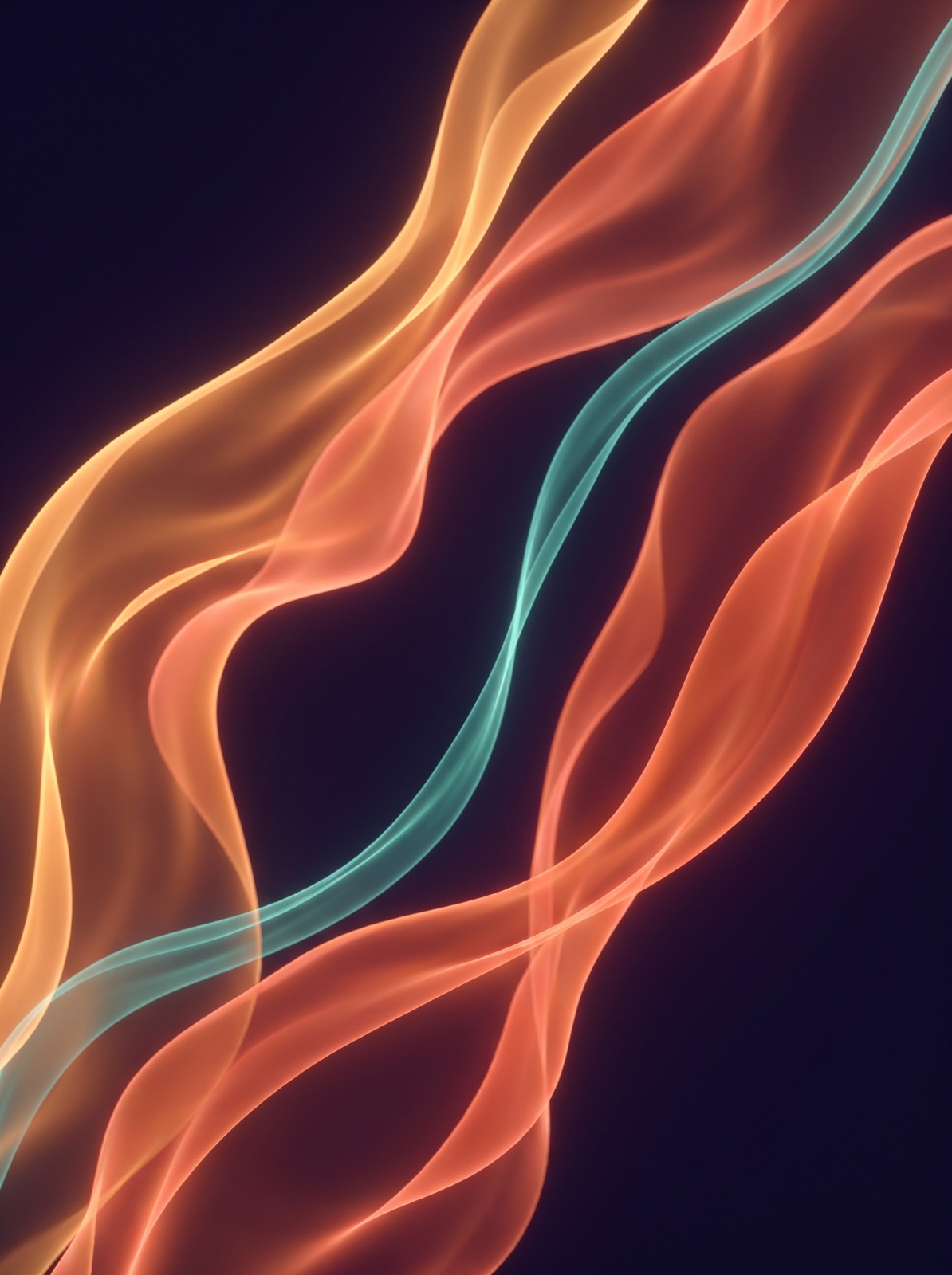 Ribbons of amber and teal light in darkness