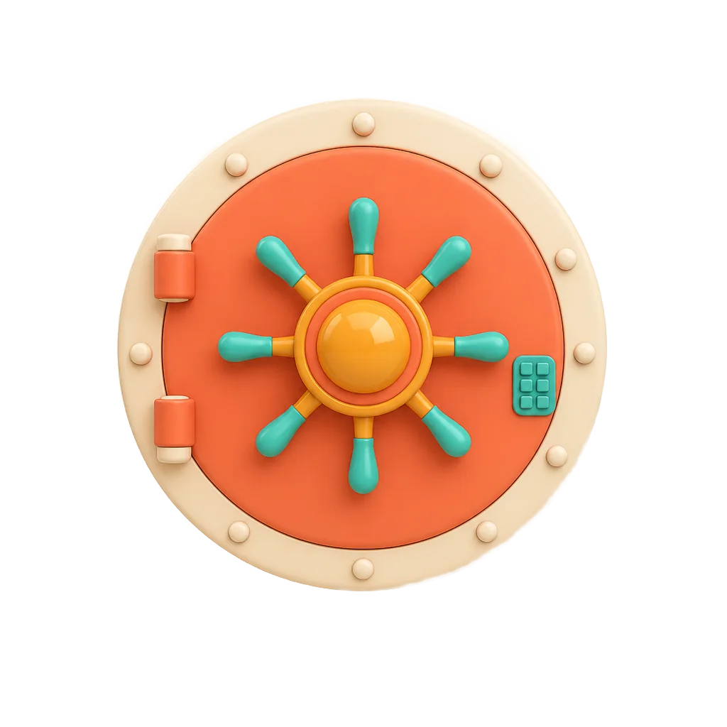 A round clay vault door with a sun-shaped wheel handle