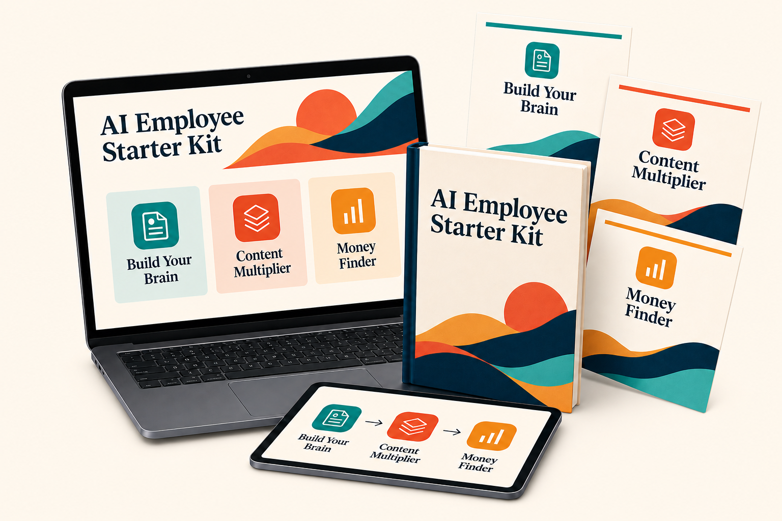 AI Employee Starter Kit shown as a digital guide with Build Your Brain, Content Multiplier, and Money Finder modules