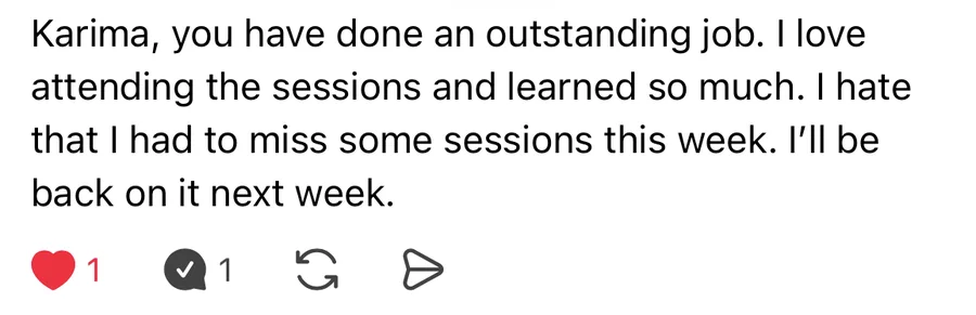 Post from reneeafuna: Karima, you have done an outstanding job. I love attending the sessions and learned so much
