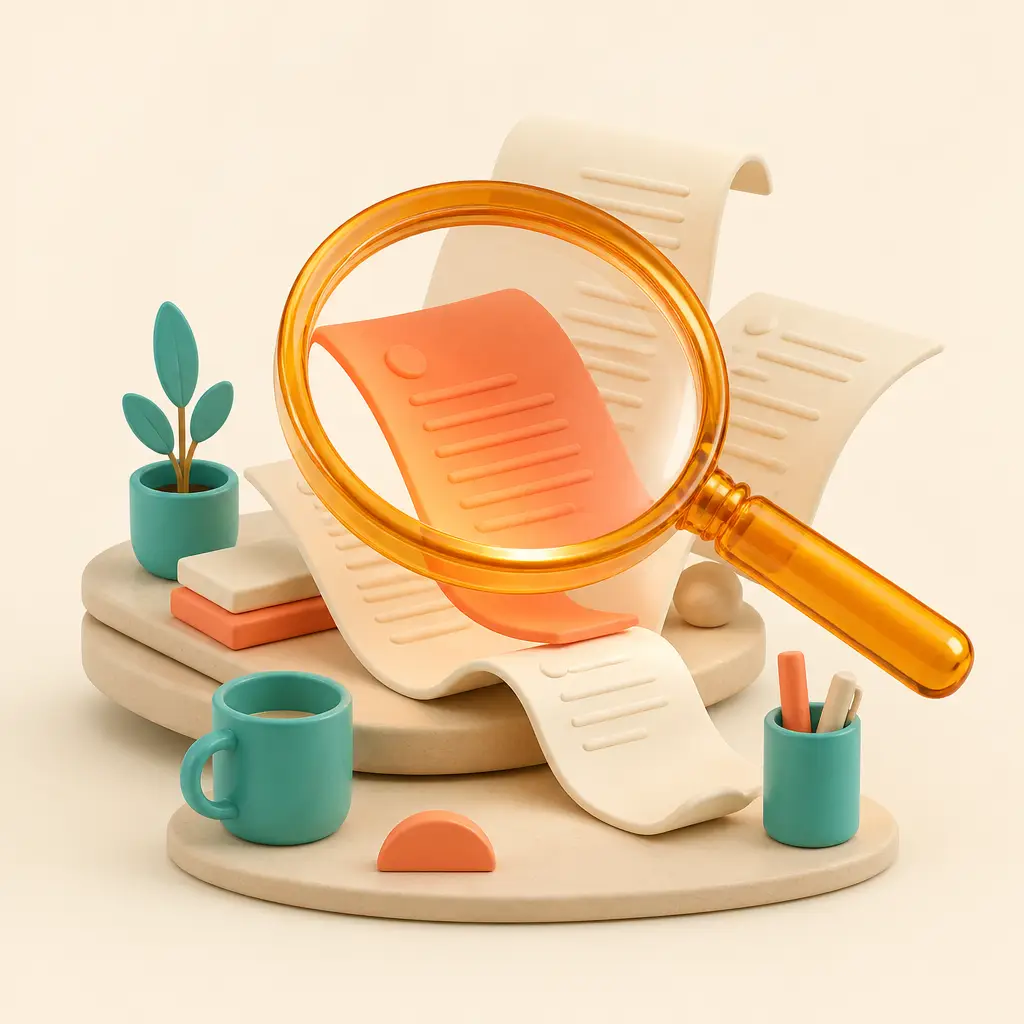 3D clay magnifying glass finding one glowing document in a flow of papers