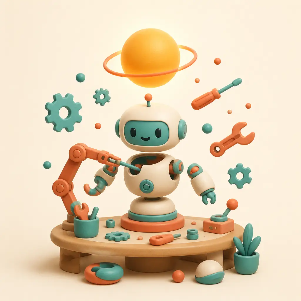 3D clay robot assistant being assembled at a workbench under a rising sun