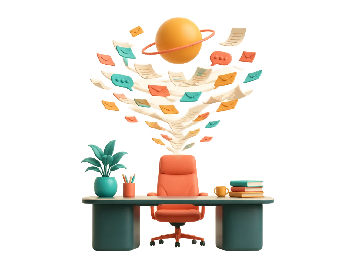 3D illustration of papers and messages funneling toward one small chair under a rising sun