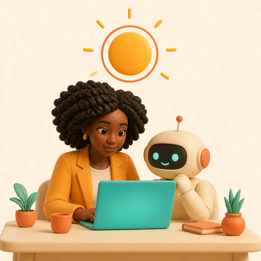 3D clay founder and her robot employee working together at one desk under a full sun
